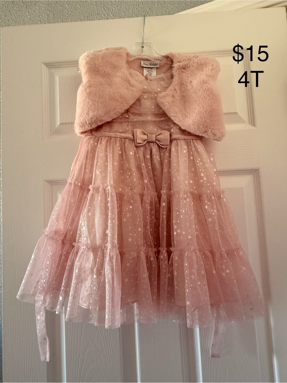 Truly Me Pink Tulle Star Print Party Dress with Faux Fur Bolero